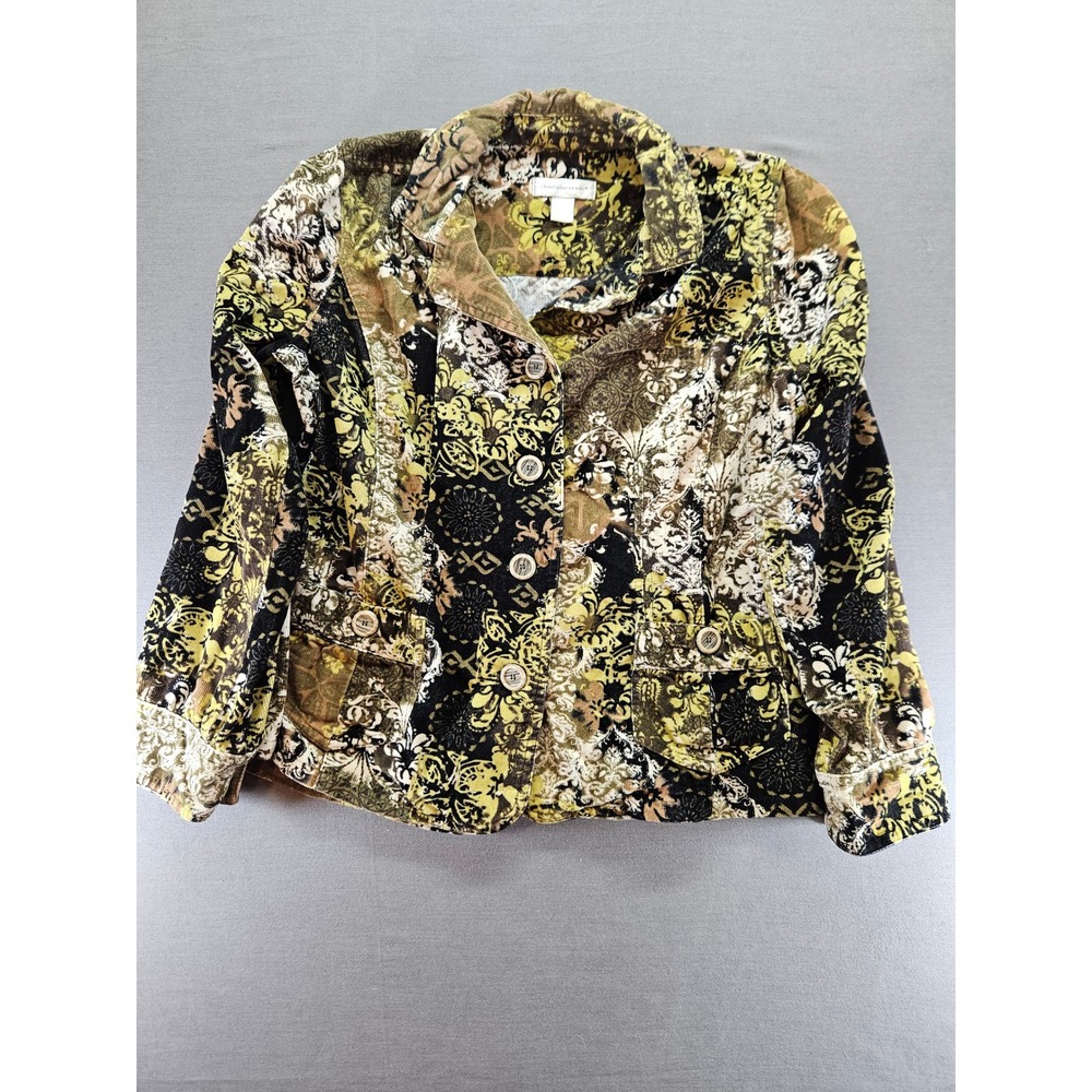 Christopher & Banks Corduroy Jacket Womens Medium Green Floral Damask Button Up